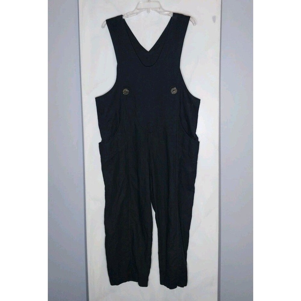 Vintage 90s Black Linen Rayon Jumpsuit Wide Leg Cropped Pull On USA S